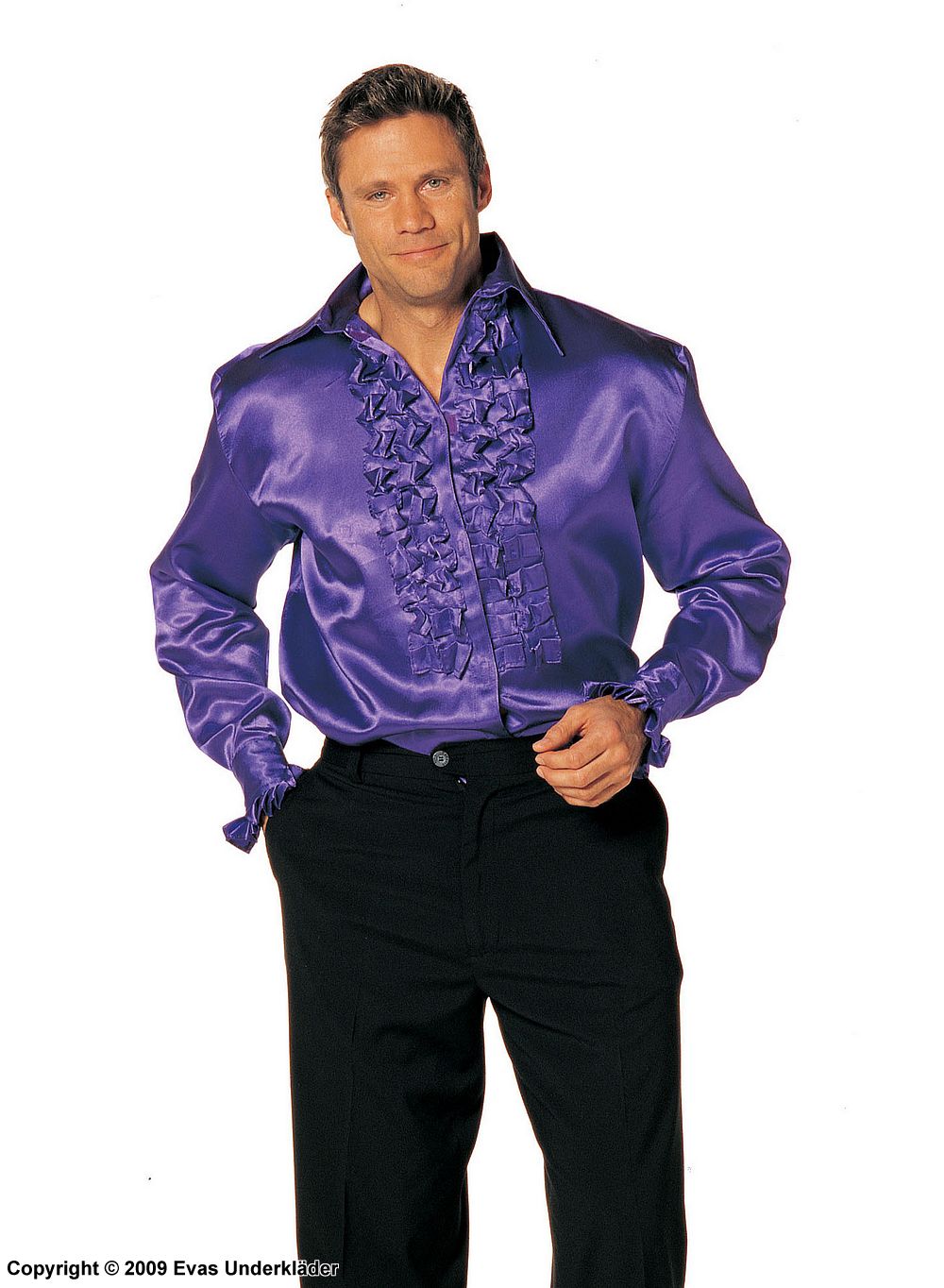 Shirt in satin with long sleeves and ruffles